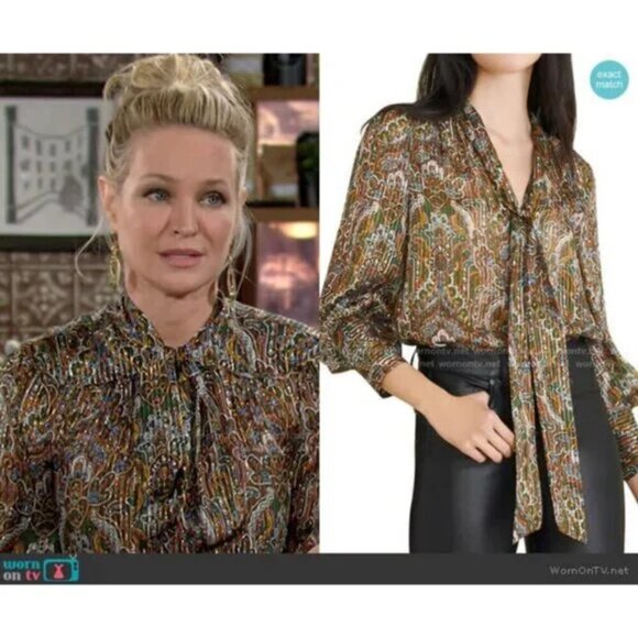 VERONICA BEARD SILK BLOUSE 2, Size Small, Zaylee Paisley Tie-Neck Green/Brown - Picture 7 of 7